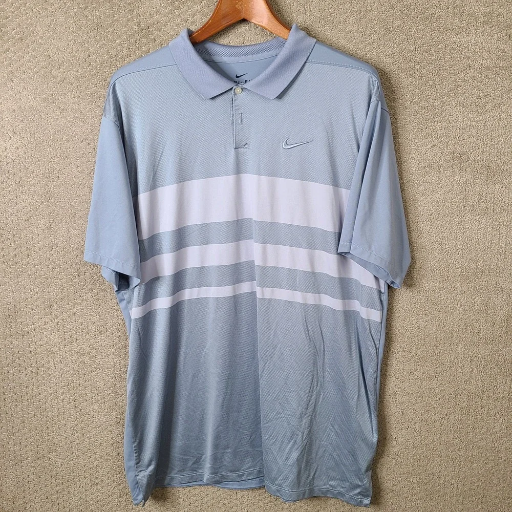 Nike Shirt Mens XL Blue Striped Polo Standard‎ Fit Dri Fit Woodhaven Golf Casual